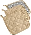 DII 100% Cotton, Machine Washable, Heat Resistant, Quilted Terry, Potholder for Cooking and Baking, 7 x 7", Set of 3, Sand