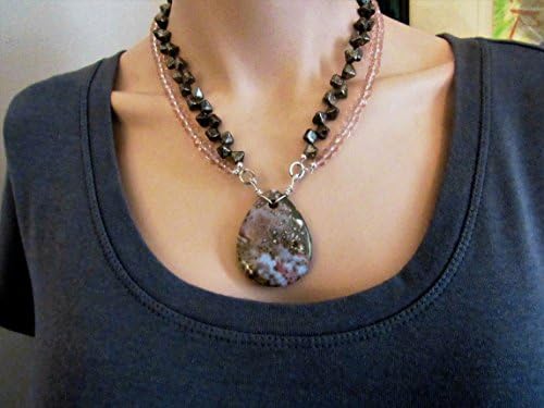Antique Chrome Pyramid and Pink Crystal Necklace w/Ocean Jasper Teardrop
