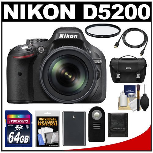 Nikon D5200 Digital SLR Camera & 18-105mm VR DX AF-S Zoom Lens (Black) with 64GB Card + Battery + Case + Filter + Remote + HDMI Cable + Accessory Kit On Sale