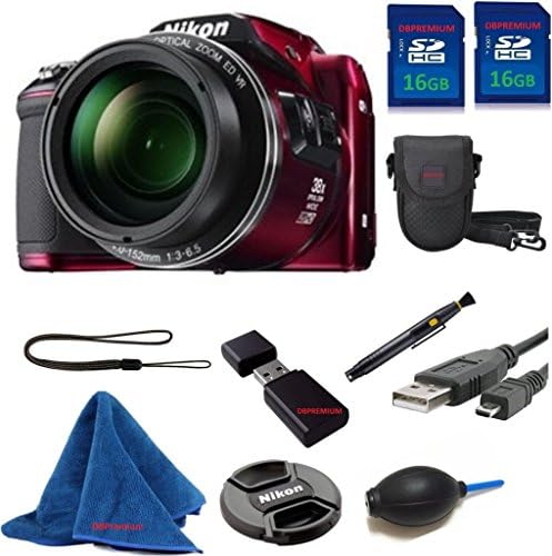 Nikon COOLPIX L840 Camera with 38x Optical Zoom and Built-In Wi-Fi (Red) (NEW, WHITE BOX) DBPREMIUM Value Bundle with Cleaning Cloth + 2pcs 16GB DBPREMIUM Memory + Reader + Case + Lens Pen + Brush