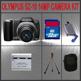 Olympus SZ-10 14 MP Digital Camera with Super-Slim 28mm Wide-Angle 18x Optical Zoom + Huge Accessories Package Including 32GB SDHC Memory Card + Extended Life LI-50B Lithium Ion Battery Pack + Hi-Speed SD Card Reader + Carrying Case + Table Top Tripod Kit