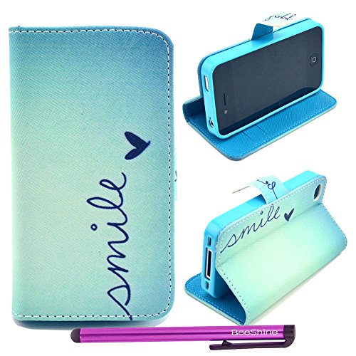 BeeShine Retail Package PU Leather Flip Stand Card Holder Wallet Case Flap Pouch Cover Skin For Apple iPhone 4 4G 4S (AT&T, Sprint, Verizon, T-Mobile) + Screen Protector & Touch Stylus Pen (Blue Smile Pattern)