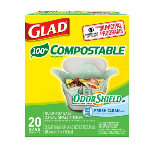 Glad OdorShield Small Kitchen Compostable Trash Bags, 2.6 Gallon, 20 Count (Pack of 2) Kitchen