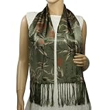 100% Silk Satin Charmeuse Double Layer Bamboo Chinese Calligraphy and Seal Stamps Tassels Ends Long Scarf - Green