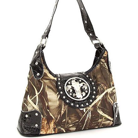 Designer Realtree camouflage hobo handbag with rhinestone fleur de lis sign Camouflage / Black
