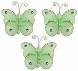 3″ Green Mini (X-Small) Wire Bead Butterfly Butterflies 3pc set – hanging nylon nursery bedroom girls room ceiling wall decor, wedding birthday party baby bridal shower
