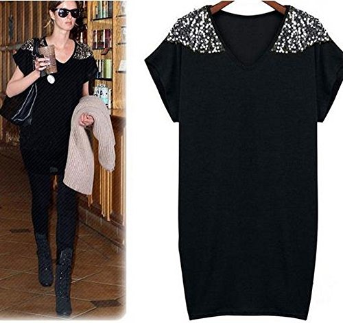 ワンピース チュニックワンピース カットソー 大きいサイズ 有 V ネック シャツ ワンピ 半 袖 T シャツ ショルダー デザイン 黒 (オリジナル・ブレスレットとサシェセット)