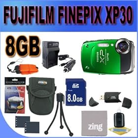 Fujifilm FinePix XP30 14 MP Waterproof Digital Camera with Fujinon 5x Optical Zoom Lens and GPS Geo-Tagging Function (Green) 8GB SD HC Card Battery and More Accessory Saver Bundle