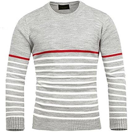 Men's Premium Thin Striped Crewneck Sweater Jumper Knit Pullover (Medium, Gray)