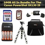 16GB All In Bundle For Canon PowerShot SX130 IS Digital Camera Includes 16GB High Speed SD Memory card + Gripster + USB 2.0 High Speed Card Reader + 4AA (2900 mAH) Rechargable NIMH Baterries And Charger + Deluxe Carrying Case + Clear LCD Screen Protectors