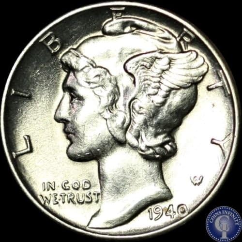 1940 U.S. Mercury Dime - About Uncirculated (AU) Condition, Philadelphia Mint
