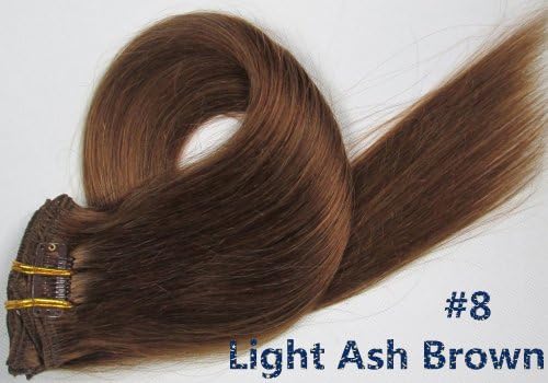 Full Head Straight 21 Color 15" 18" 20"22" 24"26"28" Remy Clip in Real Human Hair Extensions (18inch  70g/7pcs, #8 Medium Ash Brown)