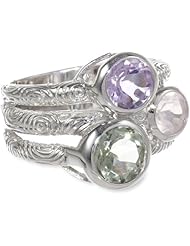 Sterling Silver 3-Stone Multi-Color Ring