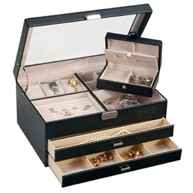 Rianna - Faux Leather Jewelry Box with Auto Drawer in Black