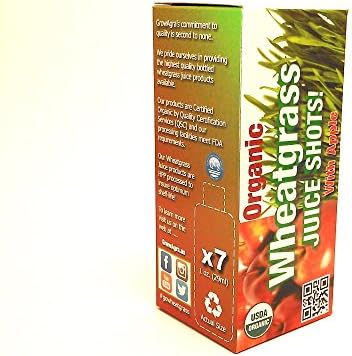 Wheatgrass Juice Shots, with Apple, Ready-to-drink, (7) 1oz Bottles, No Powders, No Preservatives, No Additives, No GMO, Gluetin Free, 7-day supply, 100% Juice, HACCP approved, Certified USDA Organic by Quality Certification Services (QSC)