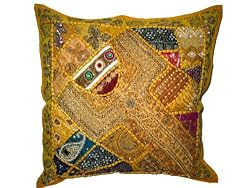 Golden Yellow Ethnic Tapestry Beaded Floor Pillow Cushion Cover 24
