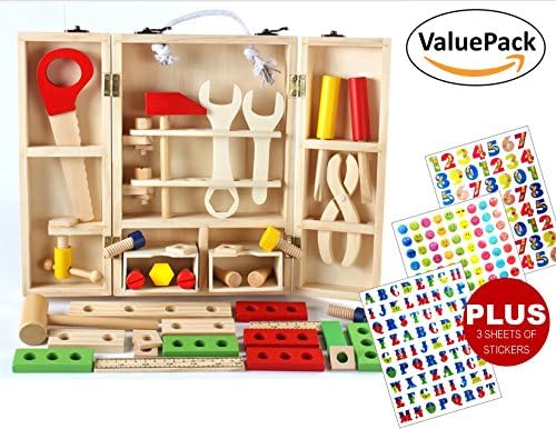 INTELLITOYZ Kid's Wooden Carpenter Tool Set PLUS 3 Sheets of Stickers