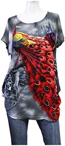 Gray Women's Shirt With Red Plumage Peacock Graphic (L/XL)