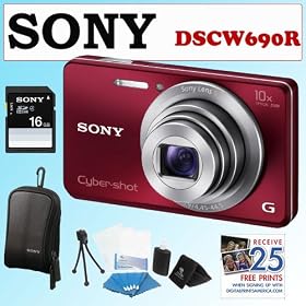 Sony DSCW690R Cybershot 16.1MP 10X Digital Camera Red + 16GB Memory Card + Soft Carrying Case Black + FREE 25 Free Prints + Zeikos Flexible Tripod Memory Card Wallet 3pc Cleaning Kit Microfiber Cloth & 3 Screen Protectors