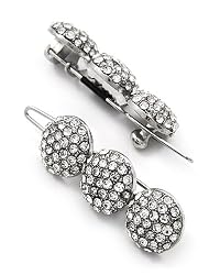 2 Silvertone Clear Rhinestone Balls Metal Snap Hair Barette Clips
