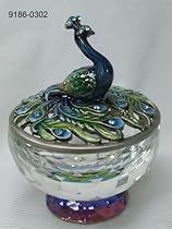 Blue Green Peacock Jewelry Trinket Box With Crystal Base 2.5in H