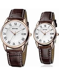 EYKI 8702 Couple Watches Quartz Waterproof Wristwatches for Lovers Pair in Package White Dial and Brown Leather Band