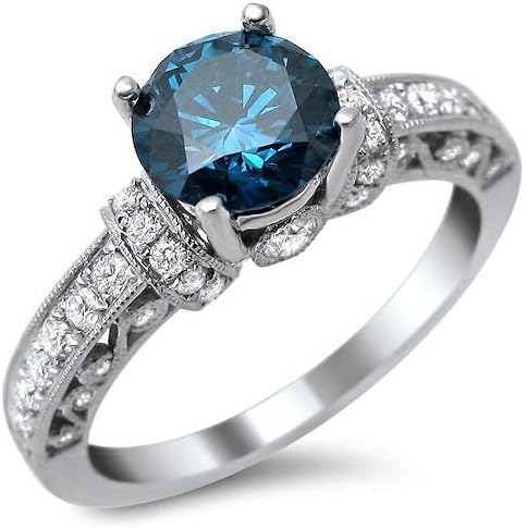 1.35ct Blue Round Diamond Engagement Ring 14k White Gold Vintage Style