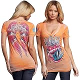 Sinful Ramona Juniors V-Neck T-Shirt - Mandarin Orange Burnout