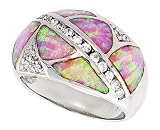 14K White Gold Rhodium Plated Sterling Silver Wedding & Engagement Ring Sterling Silver, Pink Opal Inlay Dome Band in, w/ Brilliant Cut CZ stone Accents For Women 13MM ( Size 6 to 9)