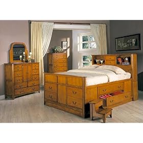 Olivia Queen Bookcase Storage Bedroom Set in Medium Oak Finish: Includes Bed, Dresser w...