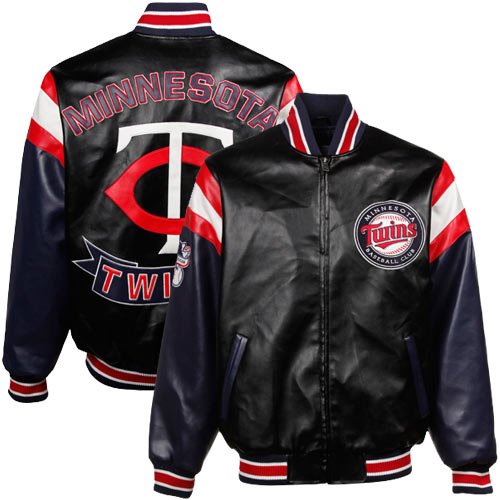 Minnesota Twins Black Pleather Varsity Full Zip Jacket (Large)