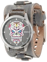 Nemesis Womens FRB925K Punk Rock Collection Black Sugar Skull Leather Cuff Band Watch
