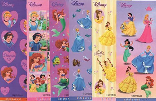 Disney Princess Sticker Set ~ Belle, Jasmine, Cinderella, Ariel, Snow White and Sleeping Beauty (69 Stickers over 6 Sheets)