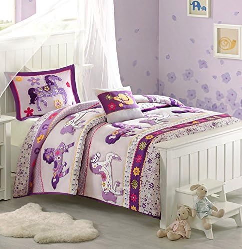 Purple Pony Full Comforter 2 Shams & Decorative Accent Pillow (4 Piece Bedding Set) Horse Ponies Lavender Polka Dot Adorable!