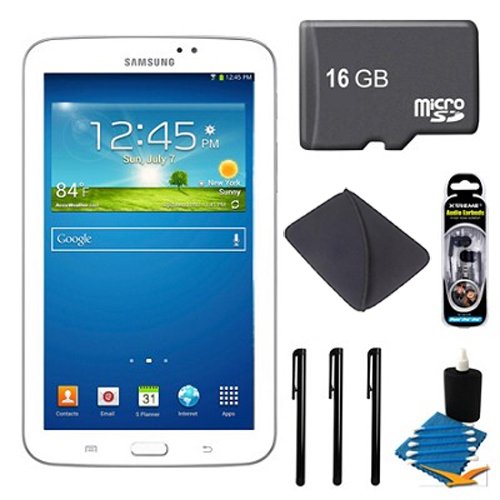 Samsung Galaxy Tab 3 (7-Inch, White) SM-T210RZWYXAR Ultimate Bundle - Includes tablet, 16GB Micro SDHC Card, Noise Isolation Earbuds, Deluxe Neoprene Case, 3 Universal Touch Screen Stylus Pens with Pocket Clip, and 3pc. Lens Cleaning Kit On Sale