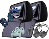 2 x 7 TFT LCD Black Car  Headrest with Built-in DVD VCD, CD, MP3, JPG Player with SECURITY COVER ZIPPER, INCLUDES 2 SETS OF WIRELESS HEADPHONES.