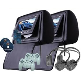 2 x 7" TFT LCD Black Car  Headrest with Built-in DVD VCD, CD, MP3, JPG Player with SECURITY COVER ZIPPER, INCLUDES 2 SETS OF WIRELESS HEADPHONES.