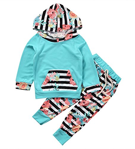 Baby Girl 2pcs Set Outfit Flower Print Hoodies with Pocket Top+Striped Long Pants