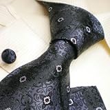 NEW Y&g Designer Hand Made Black Blue Florals Pattern 100% Jacquard Woven Pure Silk Mens Neck Tie Neckwear and Cuff Links Cufflinks and Handkerchiefs Set H4112