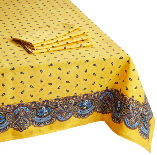 Marat Cotton French Provencal 62-Inch Square Yellow Tablecloth with 4 Coordinated Napkins