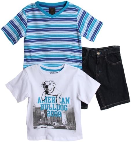 American Bulldog Little Boys' 3 Piece Blue Striped T-Shirt Denim Jean Shorts Set