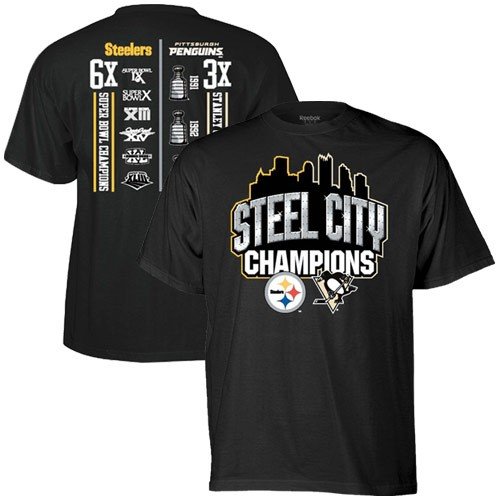 Reebok Pittsburgh Penguins 2009 NHL Stanley Cup Champions-Pittsburgh Steelers 2009 Super Bowl Champions Black City of Champs Premium T-shirt