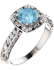 Platinum 6.00mm Round Cut Aquamarine and Diamond Ring -- LIFETIME WARRANTY