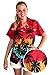 Funky Hawaiian Blouse Women Short-Sleeve Front-Pocket Beach Palm Red