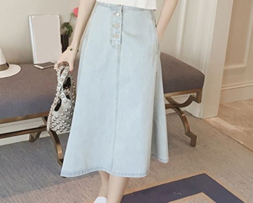 (ALLURE) デニム Aライン スカート ロング カジュアル 無地 シンプル レトロ ブルー ライトブルー AF0510