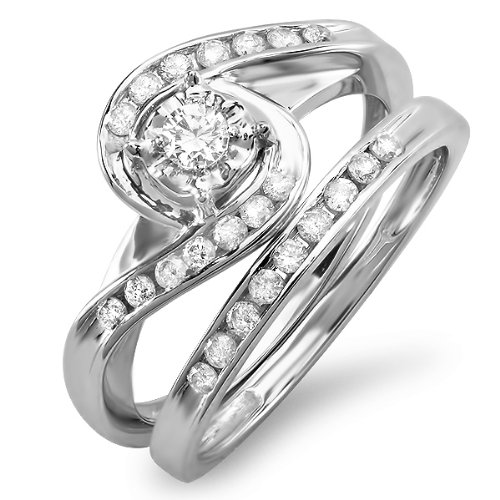 0.55 Carat (ctw) 10k White Gold Round Diamond Ladies Swirl Bypass Bridal Ring Engagement Matching Band Set 1/2...