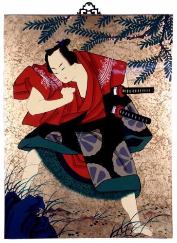 Asian Oriental Lacquered Painting Wall Art Plaque (Japanese Samurai)