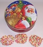 Scott's Cakes White Chocolate Covered Pretzel with Rainbow Jimmies in a Mini Santa's Toys Tin