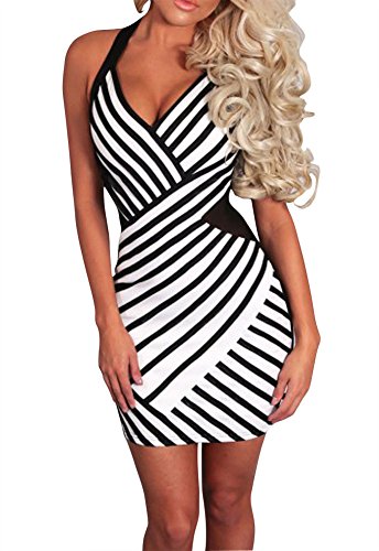 Sexy Womens Stripe Mesh Halterneck Party Club Mini Dress