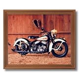 Vintage B/W Flathead Harley Davidson Motorcycle Wall Picture Oak Framed Art Print